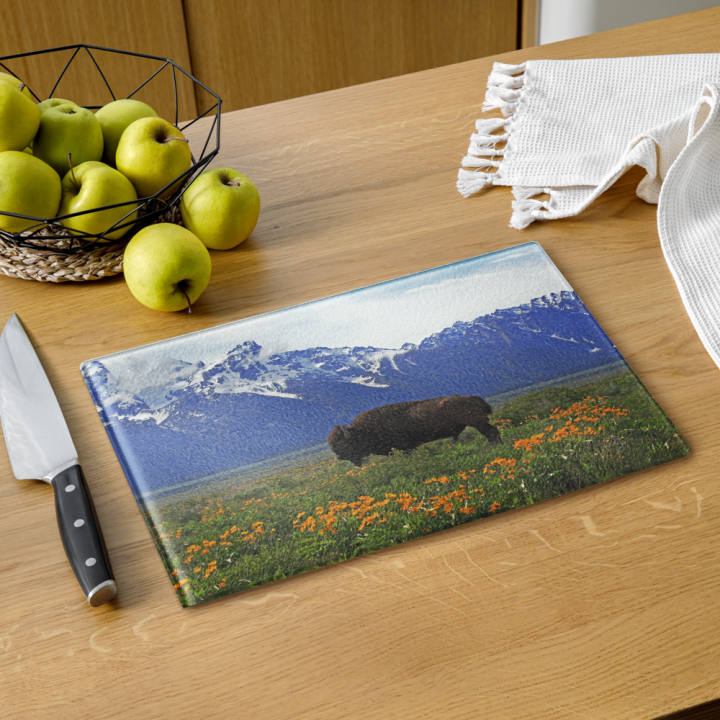 Grand Teton Bison & Wildflowers Glass Cutting Board